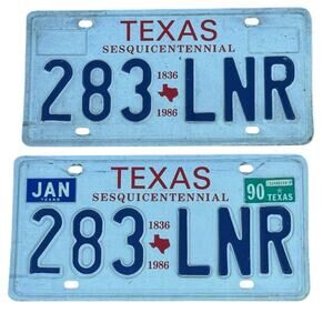 Texas "Sesquicentennial" License Plates (2) 283 LNR January 1990 Automobilia